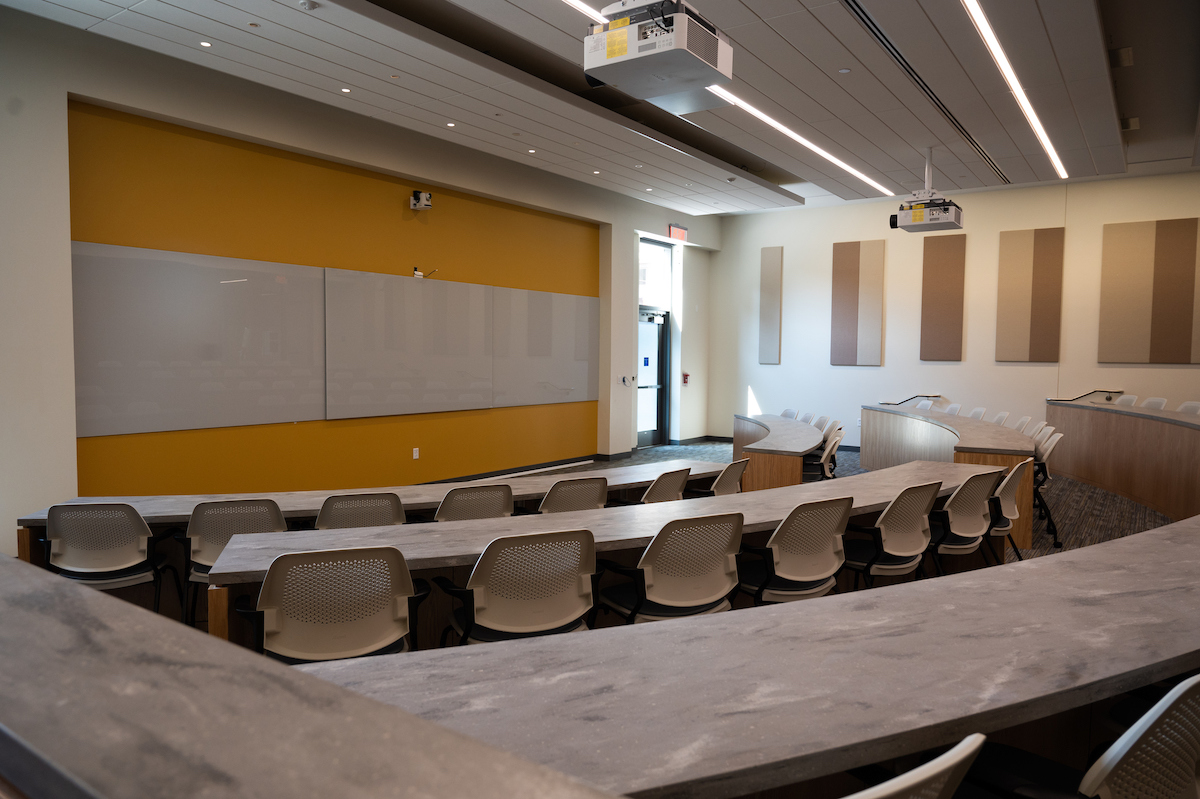 Classroom with chairs and a whiteboard